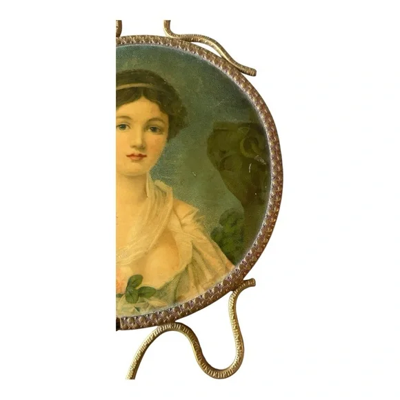 Antique Regency era hand mirror with painting of lady brass frame Bridgerton - Picture 4 of 6